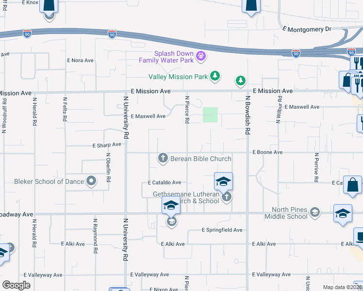 map of restaurants, bars, coffee shops, grocery stores, and more near 11017 East Boone Avenue in Spokane Valley