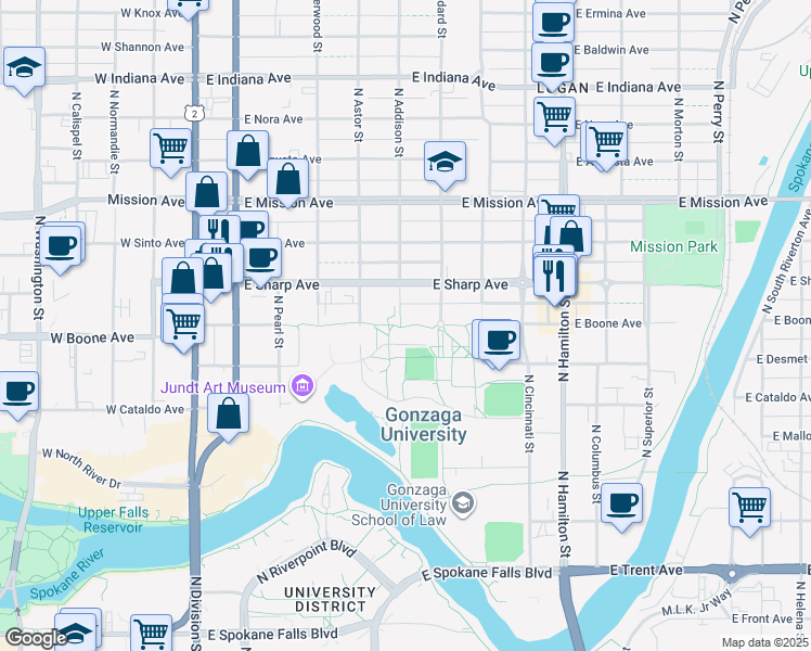 map of restaurants, bars, coffee shops, grocery stores, and more near 402 East Boone Avenue in Spokane