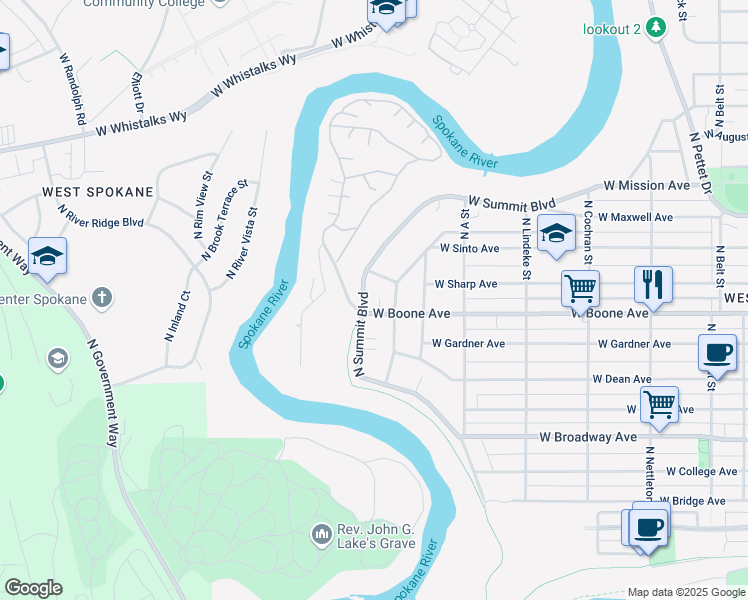 map of restaurants, bars, coffee shops, grocery stores, and more near 1212 North Summit Boulevard in Spokane