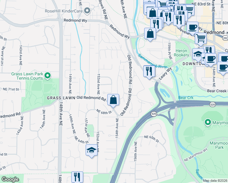 map of restaurants, bars, coffee shops, grocery stores, and more near 7113 153rd Avenue Northeast in Redmond