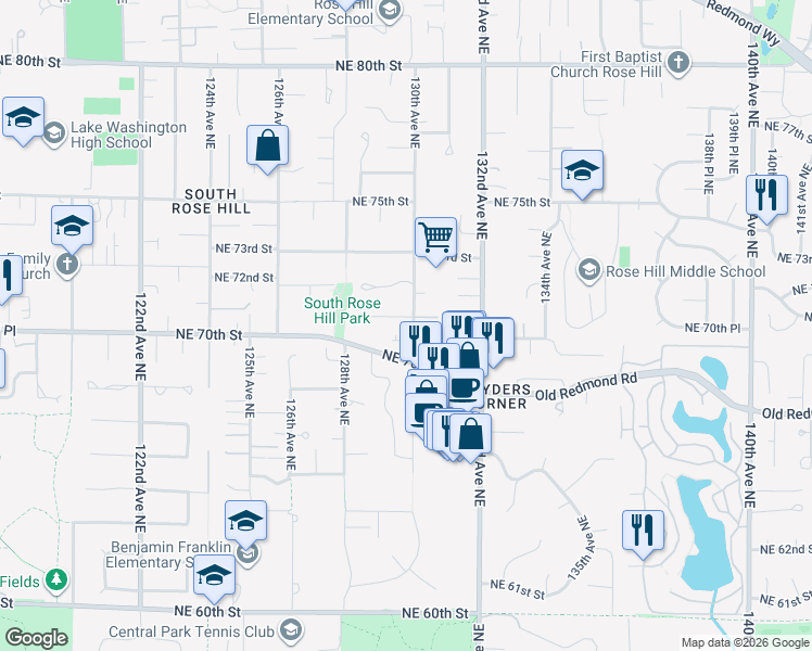 map of restaurants, bars, coffee shops, grocery stores, and more near 12929 Northeast 71st Street in Kirkland