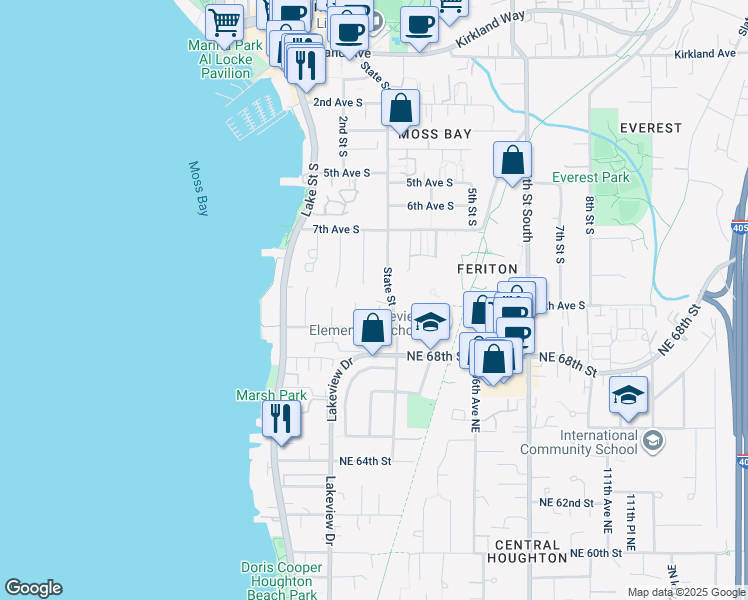 map of restaurants, bars, coffee shops, grocery stores, and more near 904 3rd Street South in Kirkland