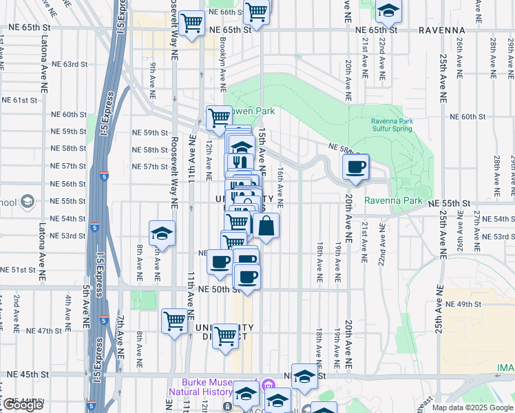 map of restaurants, bars, coffee shops, grocery stores, and more near 1505 Northeast 55th Street in Seattle