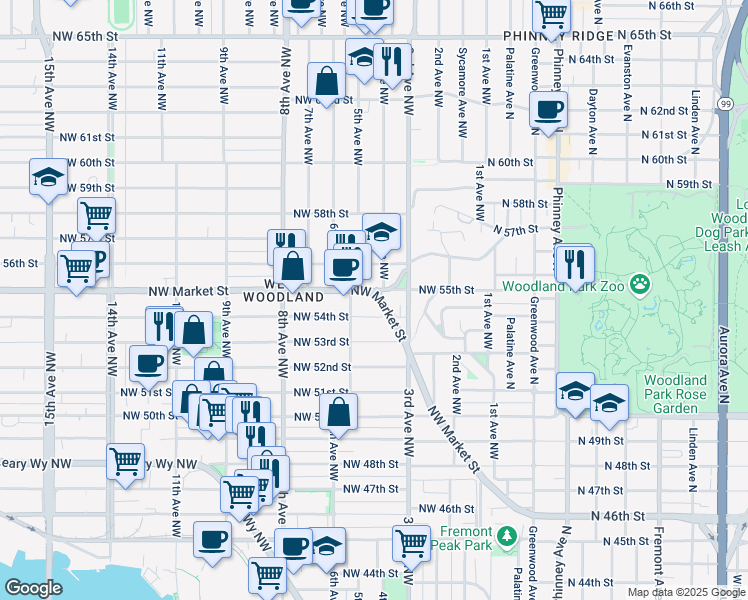 map of restaurants, bars, coffee shops, grocery stores, and more near in Seattle