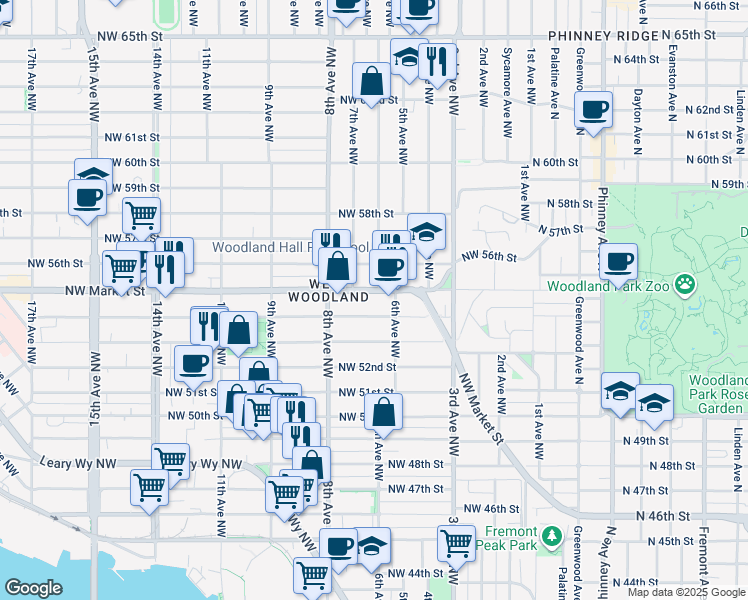 map of restaurants, bars, coffee shops, grocery stores, and more near in Seattle