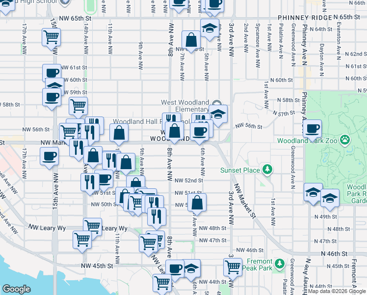 map of restaurants, bars, coffee shops, grocery stores, and more near in Seattle