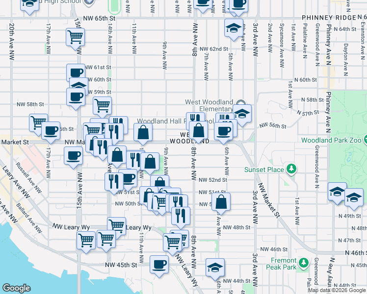 map of restaurants, bars, coffee shops, grocery stores, and more near 815 Northwest Market Street in Seattle