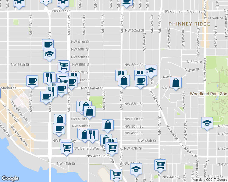 map of restaurants, bars, coffee shops, grocery stores, and more near 815 Northwest Market Street in Seattle