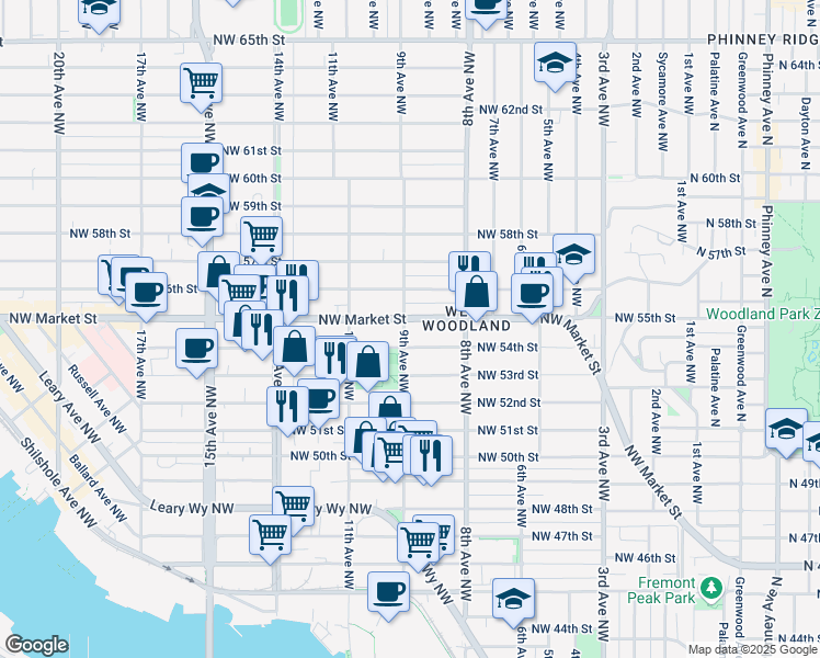 map of restaurants, bars, coffee shops, grocery stores, and more near 849 Northwest Market Street in Seattle