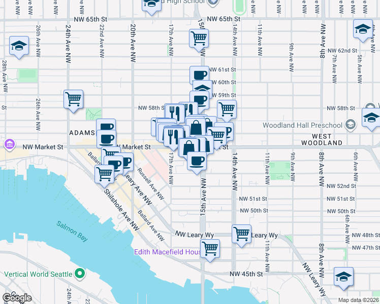 map of restaurants, bars, coffee shops, grocery stores, and more near in Seattle