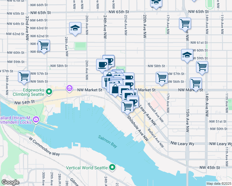 map of restaurants, bars, coffee shops, grocery stores, and more near 2305 Northwest Market Street in Seattle