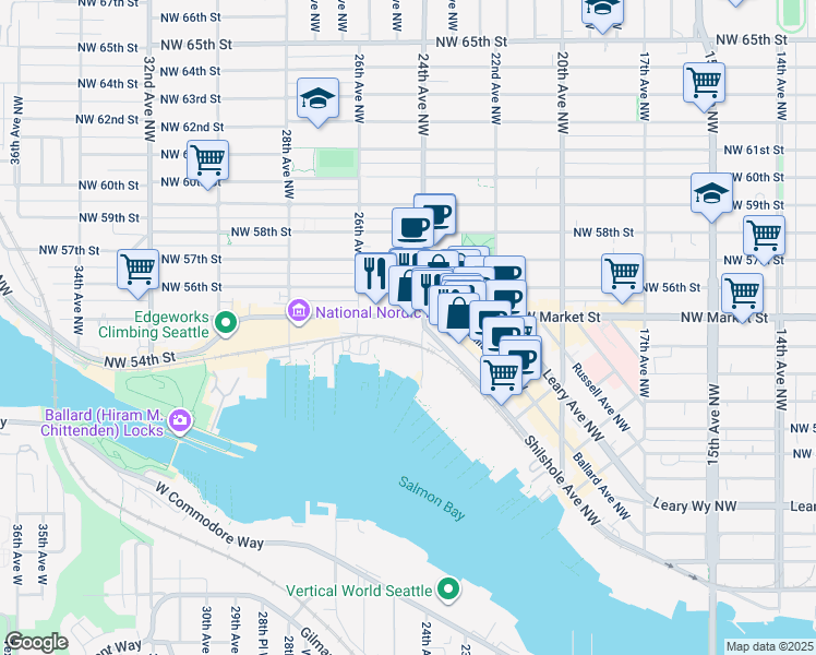 map of restaurants, bars, coffee shops, grocery stores, and more near 2401 Northwest Market Street in Seattle