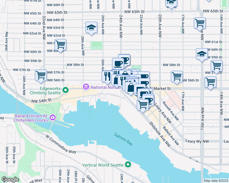 map of restaurants, bars, coffee shops, grocery stores, and more near 2401 Northwest Market Street in Seattle