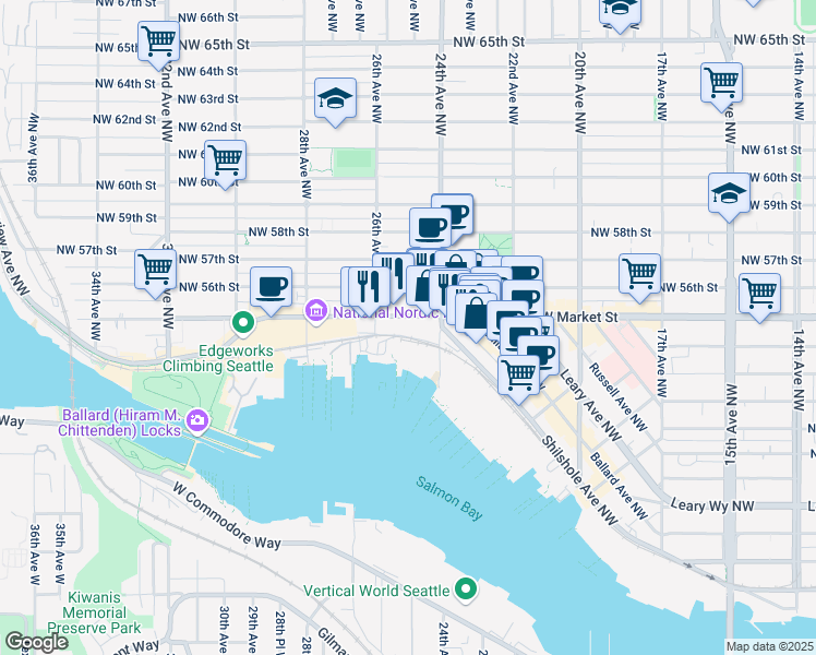 map of restaurants, bars, coffee shops, grocery stores, and more near 2501 Northwest Market Street in Seattle