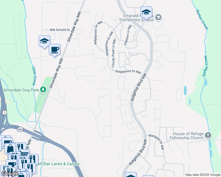 map of restaurants, bars, coffee shops, grocery stores, and more near 1612 Seasons Lane Northwest in Silverdale