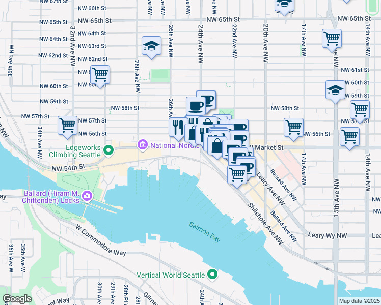 map of restaurants, bars, coffee shops, grocery stores, and more near 2417 Northwest Market Street in Seattle