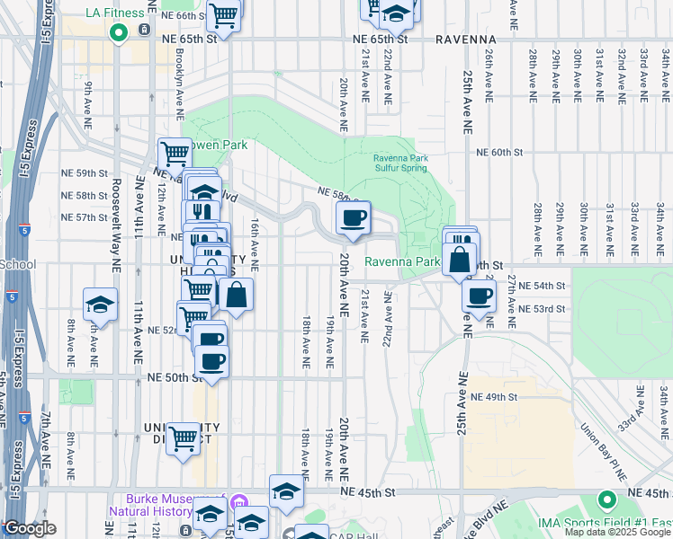 map of restaurants, bars, coffee shops, grocery stores, and more near 5268 19th Avenue Northeast in Seattle
