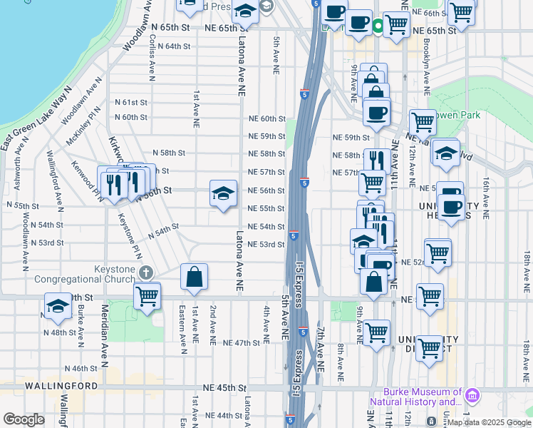map of restaurants, bars, coffee shops, grocery stores, and more near 335 Northeast 55th Street in Seattle