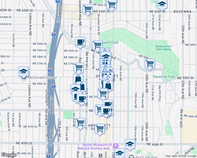 map of restaurants, bars, coffee shops, grocery stores, and more near 5269 Brooklyn Avenue Northeast in Seattle