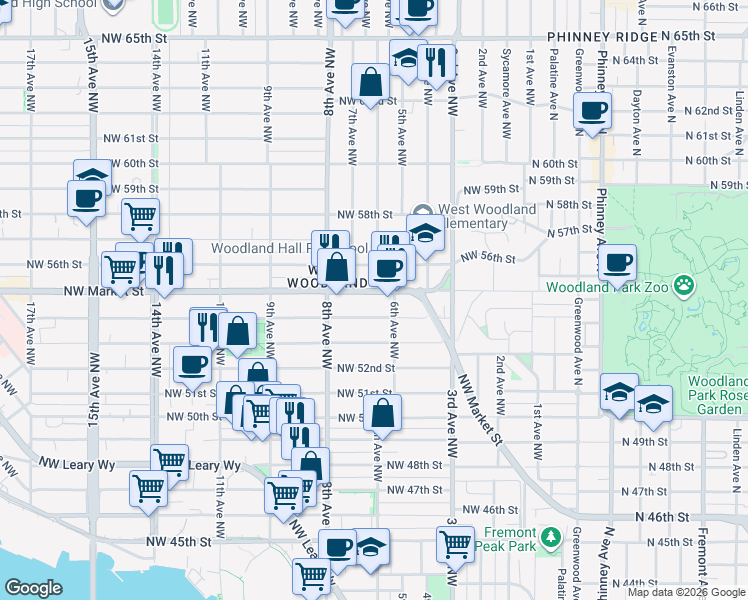 map of restaurants, bars, coffee shops, grocery stores, and more near 619 Northwest Market Street in Seattle