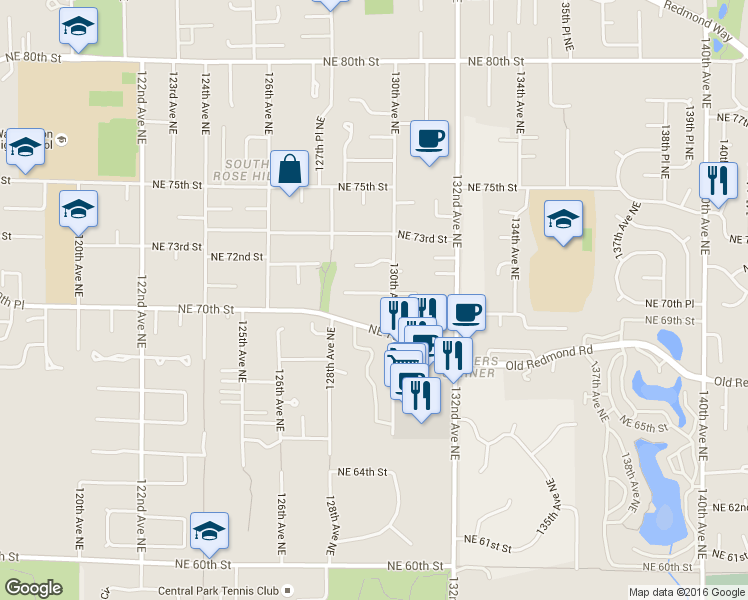 map of restaurants, bars, coffee shops, grocery stores, and more near 12929 NE 71st St in Kirkland