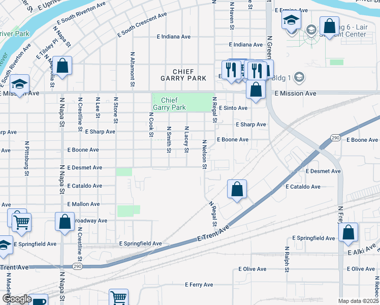 map of restaurants, bars, coffee shops, grocery stores, and more near 2702 East Boone Avenue in Spokane
