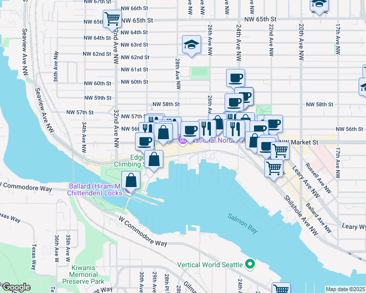 map of restaurants, bars, coffee shops, grocery stores, and more near 2655 Northwest Market Street in Seattle