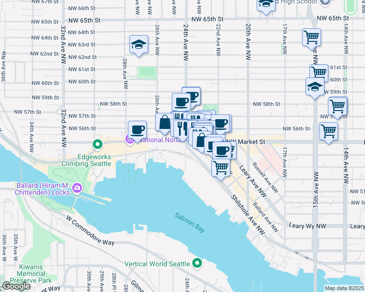 map of restaurants, bars, coffee shops, grocery stores, and more near 2401 Northwest Market Street in Seattle