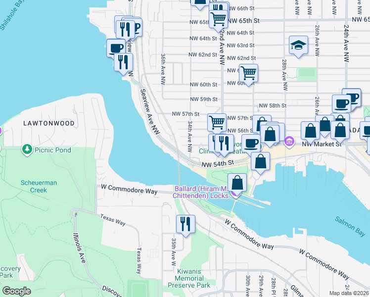 map of restaurants, bars, coffee shops, grocery stores, and more near 3409 Northwest Market Street in Seattle