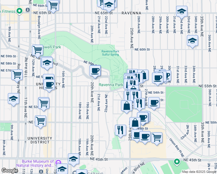 map of restaurants, bars, coffee shops, grocery stores, and more near 5411 Ravenna Avenue Northeast in Seattle