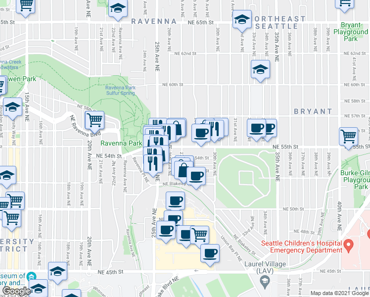 map of restaurants, bars, coffee shops, grocery stores, and more near 2705 Northeast 55th Street in Seattle
