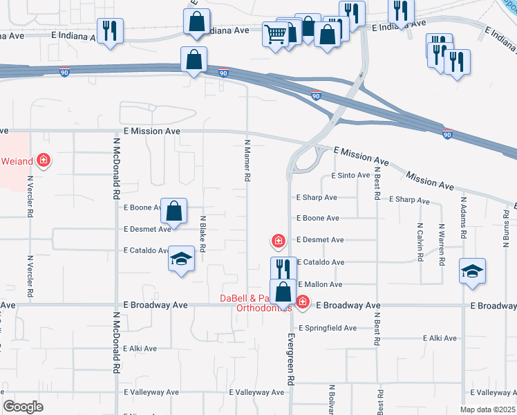 map of restaurants, bars, coffee shops, grocery stores, and more near 1201 North Evergreen Road in Spokane Valley
