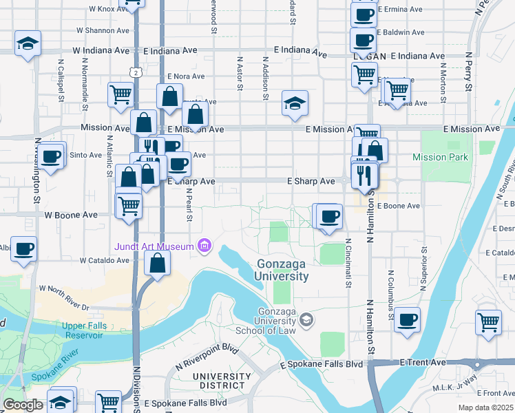 map of restaurants, bars, coffee shops, grocery stores, and more near 402 East Boone Avenue in Spokane