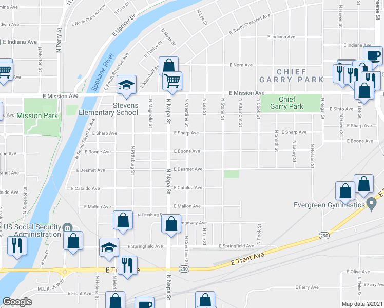 map of restaurants, bars, coffee shops, grocery stores, and more near 2102 East Boone Avenue in Spokane