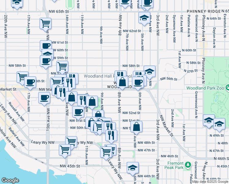 map of restaurants, bars, coffee shops, grocery stores, and more near 815 Northwest Market Street in Seattle