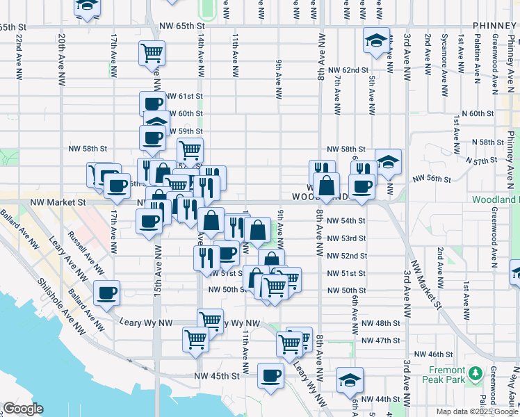 map of restaurants, bars, coffee shops, grocery stores, and more near 929 Northwest Market Street in Seattle