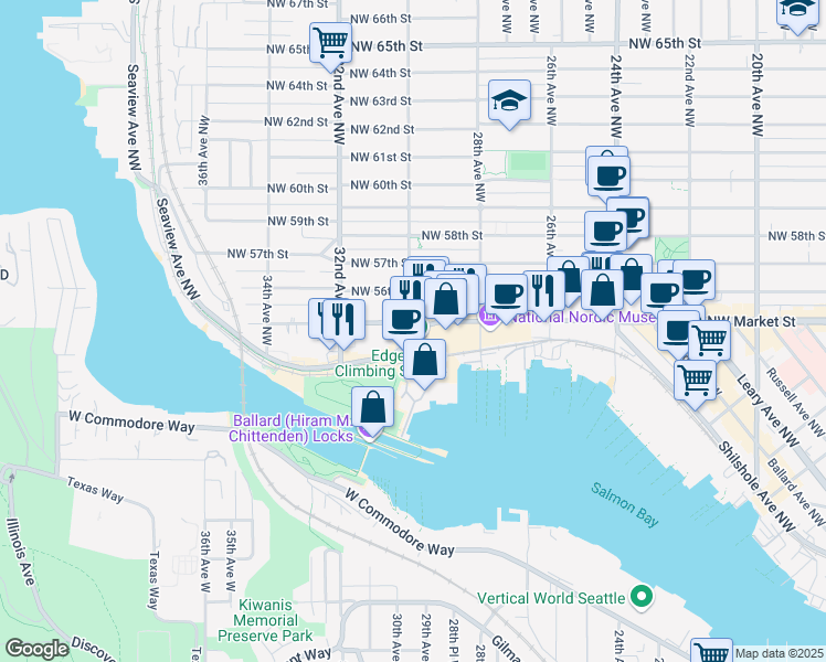 map of restaurants, bars, coffee shops, grocery stores, and more near 2853 Northwest Market Street in Seattle