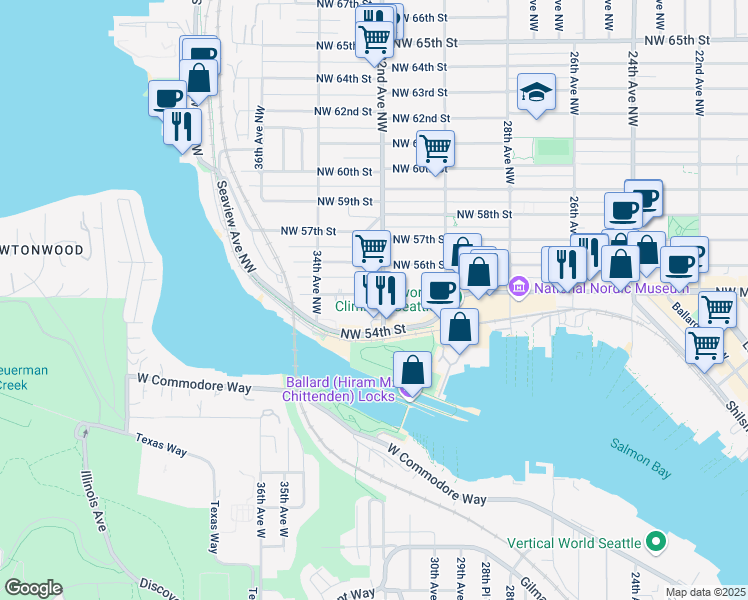 map of restaurants, bars, coffee shops, grocery stores, and more near 5431 32nd Avenue Northwest in Seattle