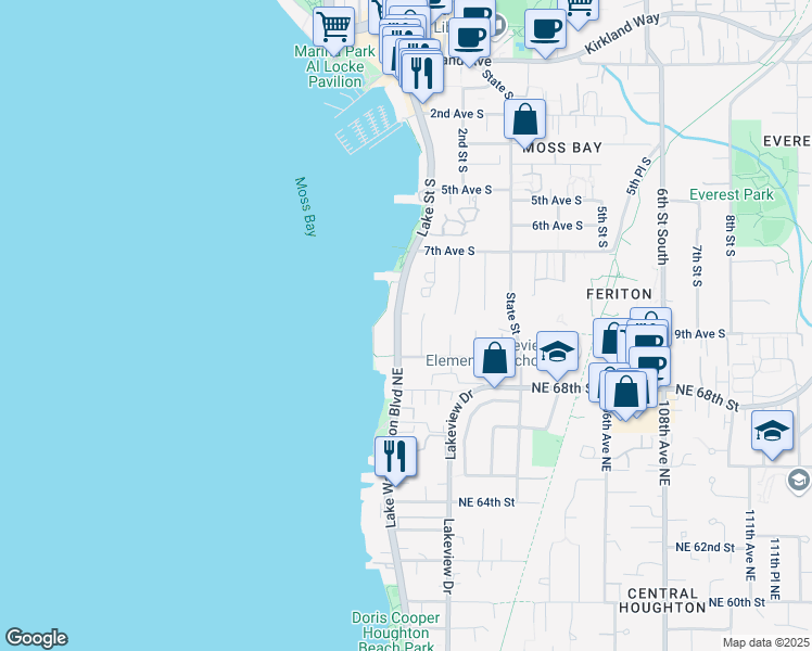 map of restaurants, bars, coffee shops, grocery stores, and more near 832 Lake Street South in Kirkland