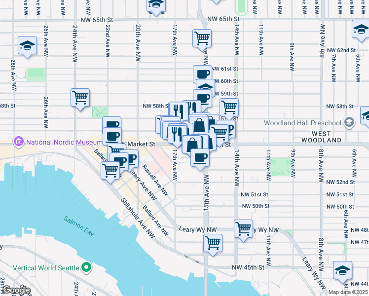 map of restaurants, bars, coffee shops, grocery stores, and more near 1545 Northwest Market Street in Seattle