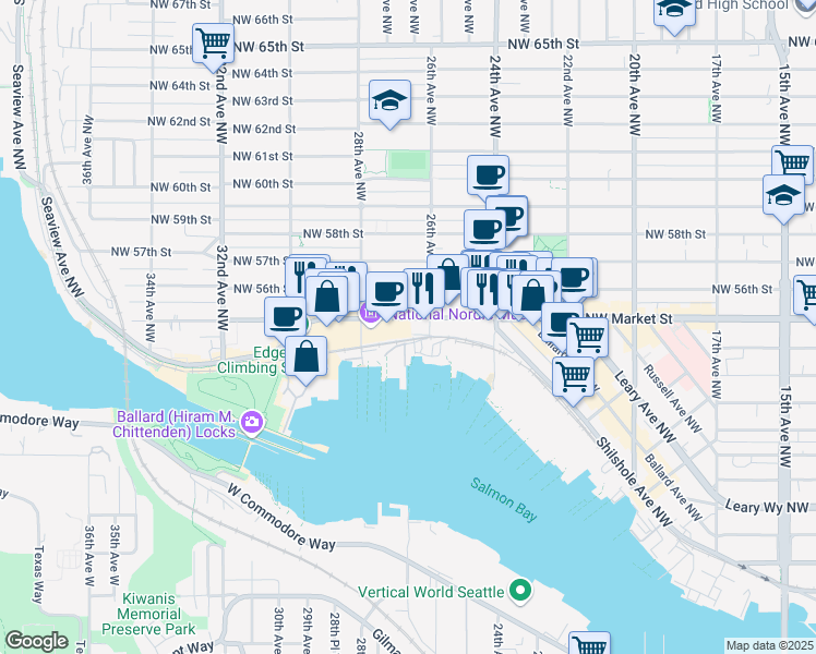 map of restaurants, bars, coffee shops, grocery stores, and more near 2629 Northwest Market Street in Seattle