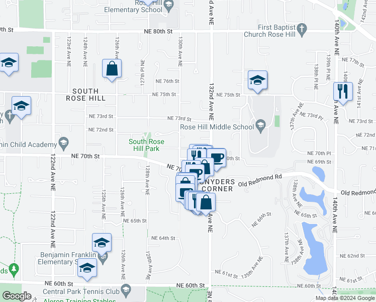 map of restaurants, bars, coffee shops, grocery stores, and more near 13015 Northeast 71st Street in Kirkland