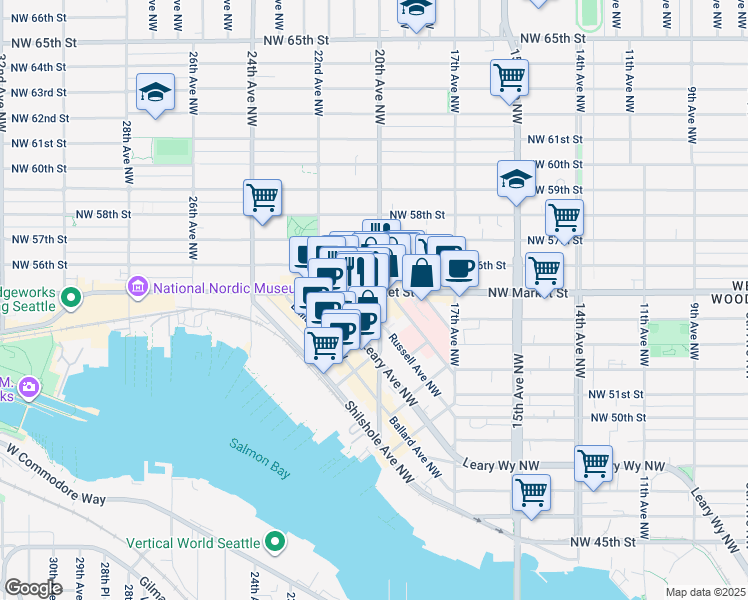 map of restaurants, bars, coffee shops, grocery stores, and more near 5345 Tallman Avenue Northwest in Seattle