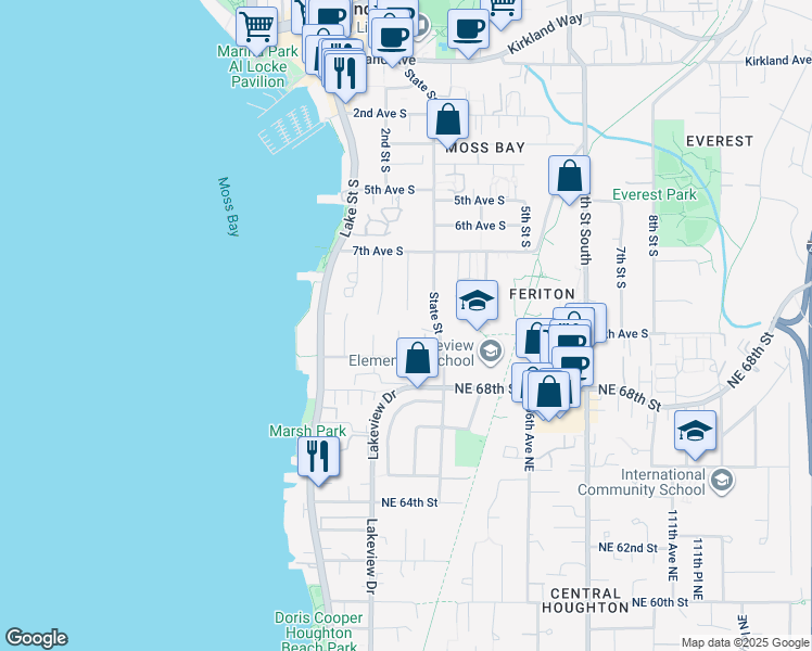 map of restaurants, bars, coffee shops, grocery stores, and more near 904 3rd Street South in Kirkland