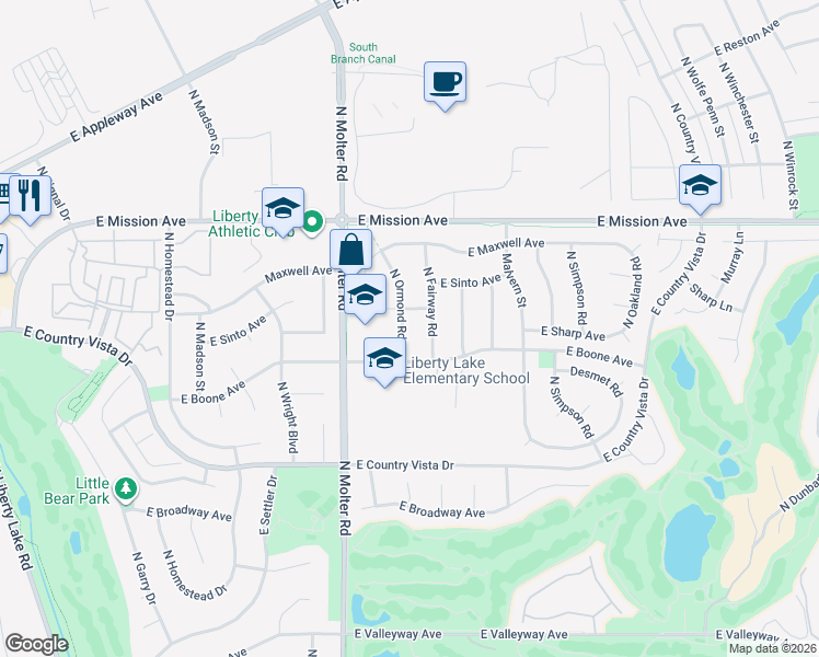 map of restaurants, bars, coffee shops, grocery stores, and more near 1216 North Ormond Road in Liberty Lake