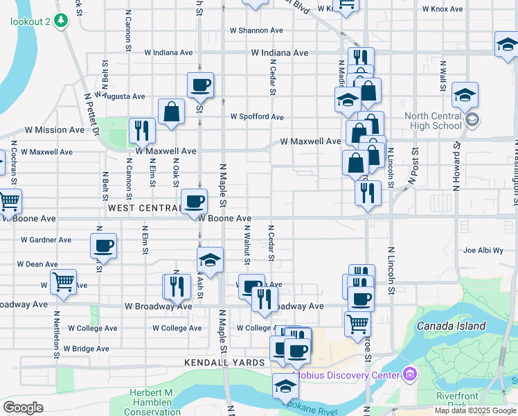 map of restaurants, bars, coffee shops, grocery stores, and more near 1404 West Boone Avenue in Spokane