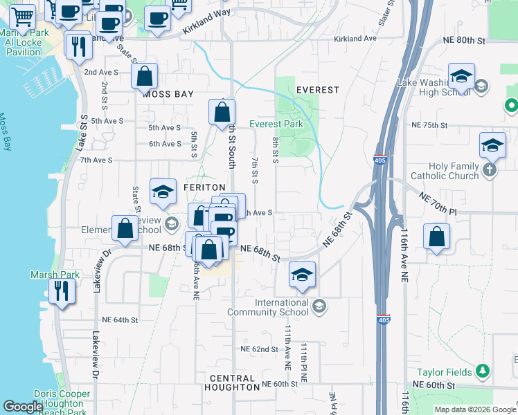 map of restaurants, bars, coffee shops, grocery stores, and more near 622 7th Street South in Kirkland