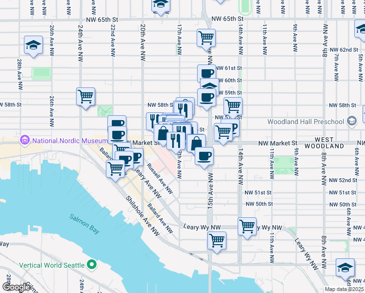 map of restaurants, bars, coffee shops, grocery stores, and more near 1716 Northwest Market Street in Seattle