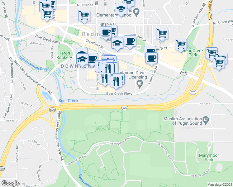 map of restaurants, bars, coffee shops, grocery stores, and more near 166th Avenue Northeast in Redmond