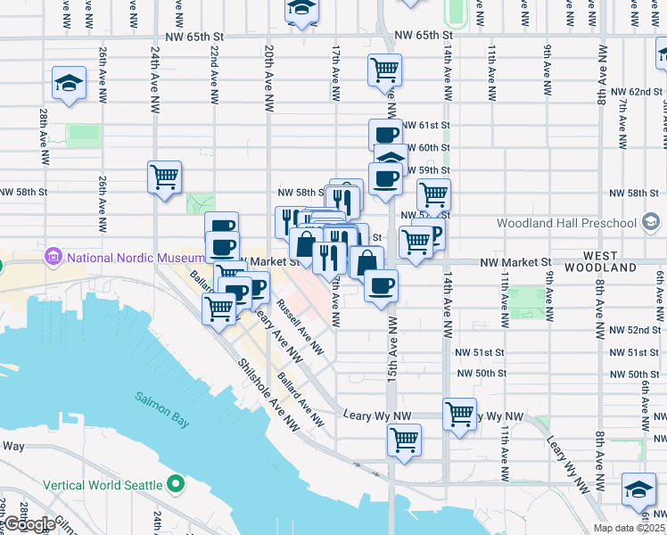 map of restaurants, bars, coffee shops, grocery stores, and more near 1716 Northwest Market Street in Seattle